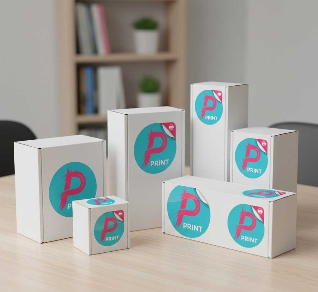 Branded stickers on product packaging boxes
