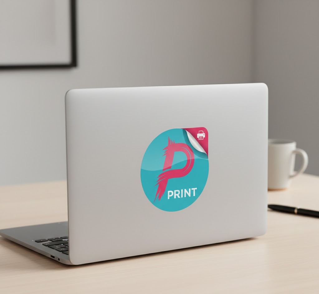 Custom circular branded sticker on laptop