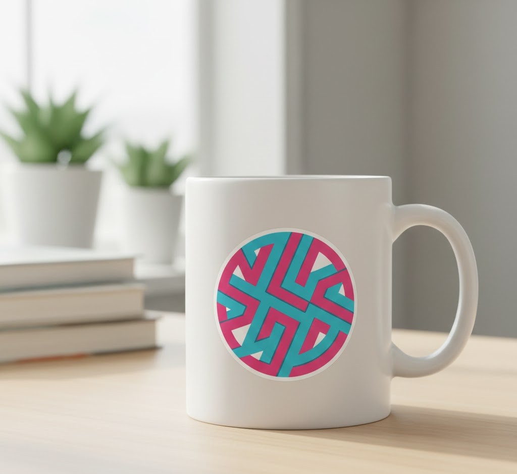 Die-cut custom shaped sticker on coffee cup