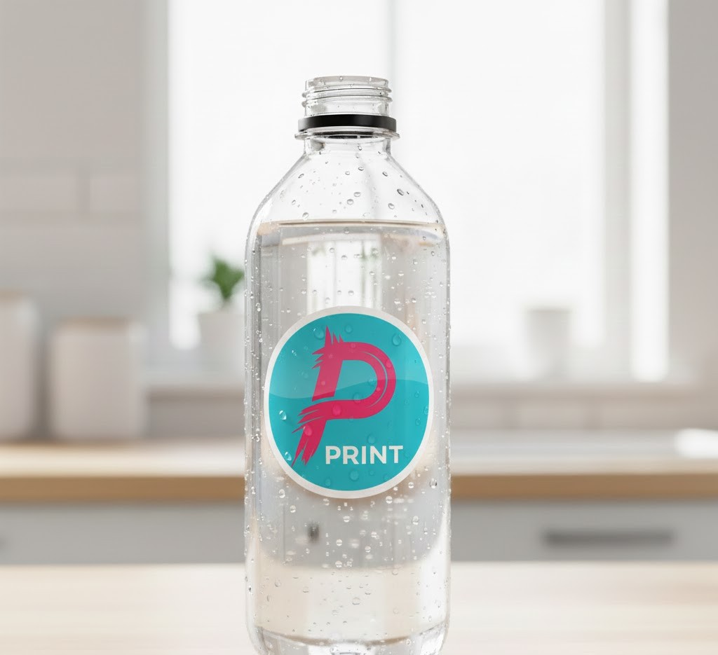 Waterproof vinyl sticker on water bottle